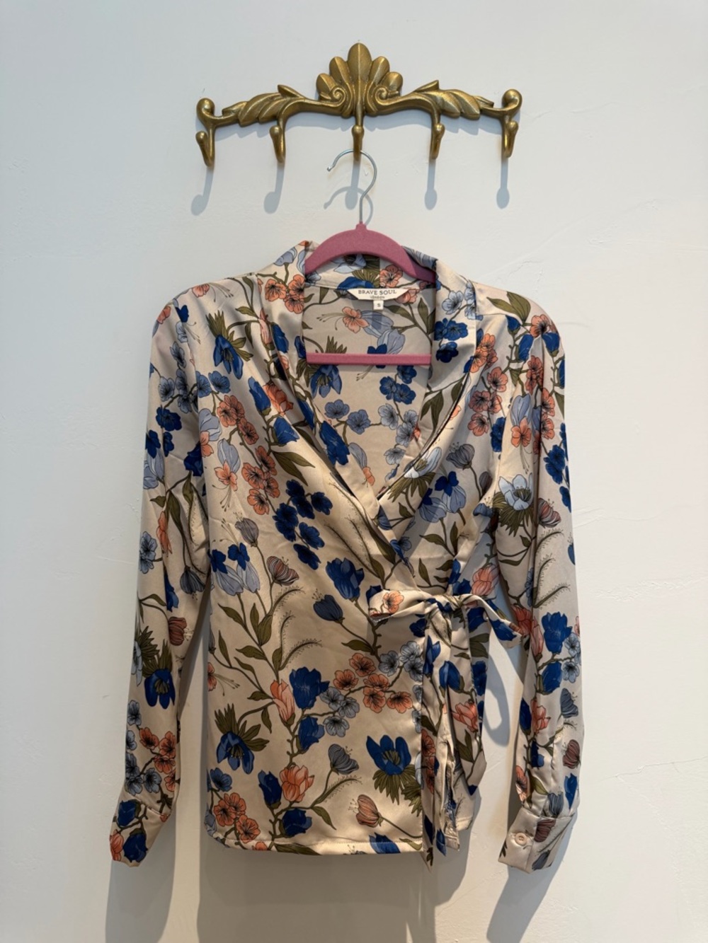 Brave Soul Satin Floral Wrap Blouse - Blue,
Pink, & Cream